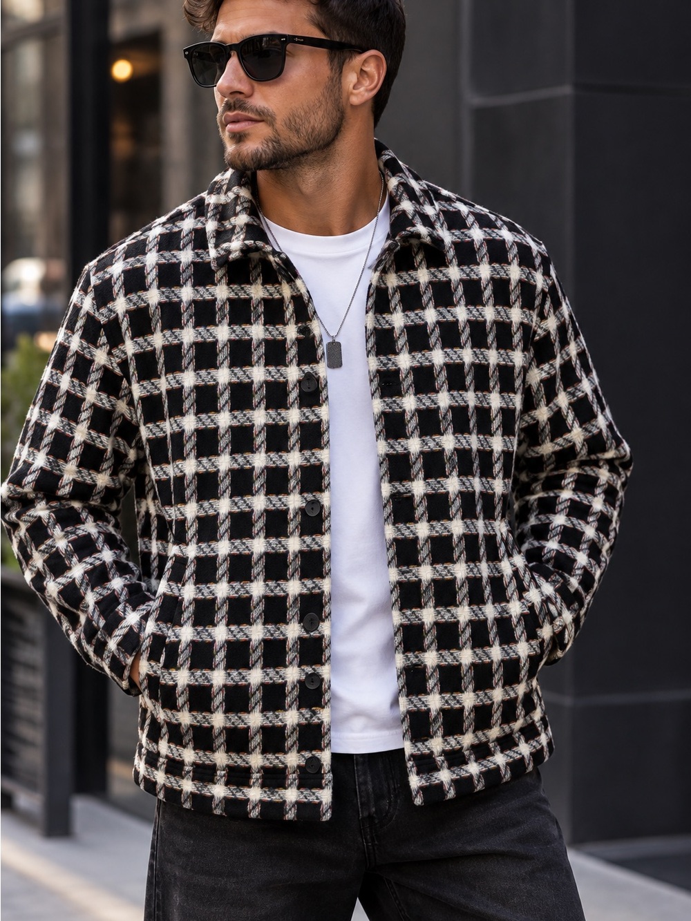 boohooMAN Men’s Black Cream Checkered Jacket Textured Button Front Size L